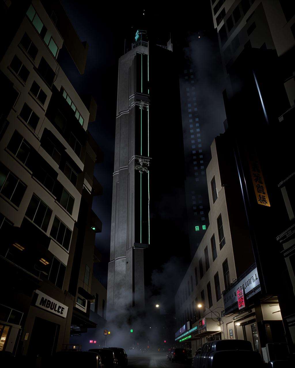 a city street at night with a clock tower in the background ,  high quality,  high textured by Ciro Negrogni on Tensor.Art