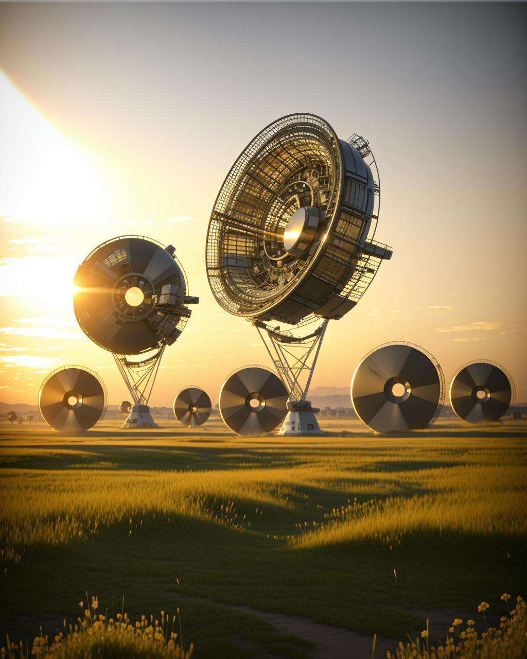 a group of satellite dishes sitting in a field  , Beeple, cinema 4 d, digital art, computer art