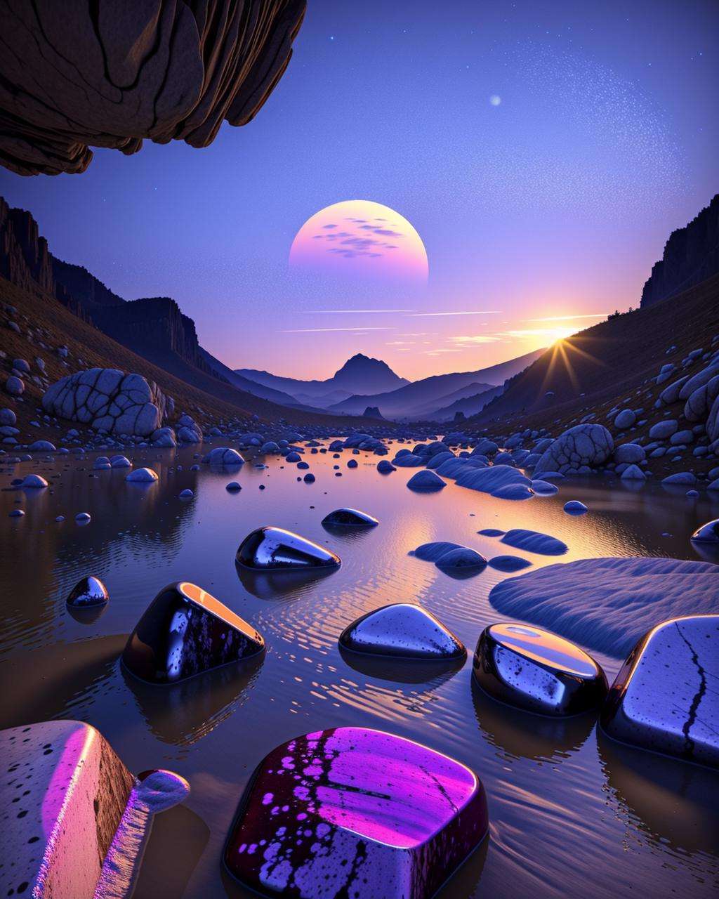 a purple sky with rocks and a lot of rocks  , Beeple, cinema 4 d, digital art, computer art