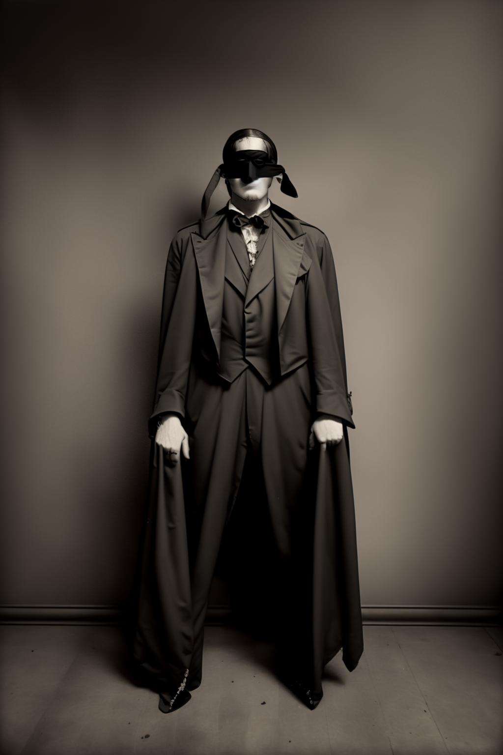 a man in a black suit with a blindfold ,  vintage,  occult, 