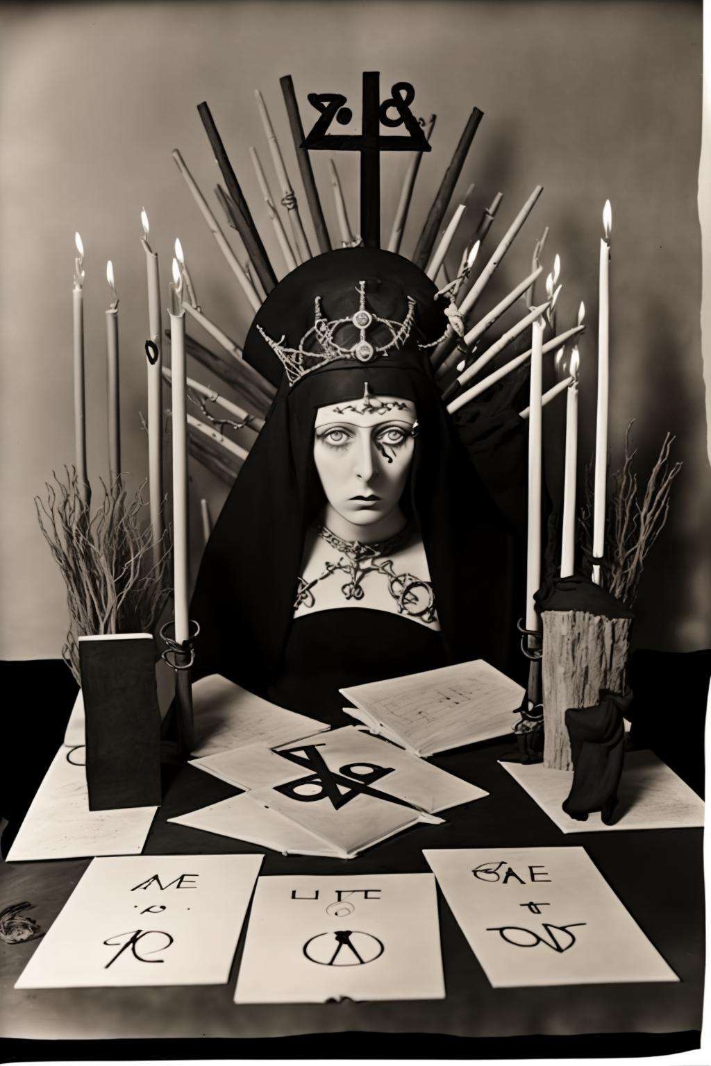 a table with a lot of papers and candles ,  Claude Cahun,  occult, a colorized photo, ashcan school