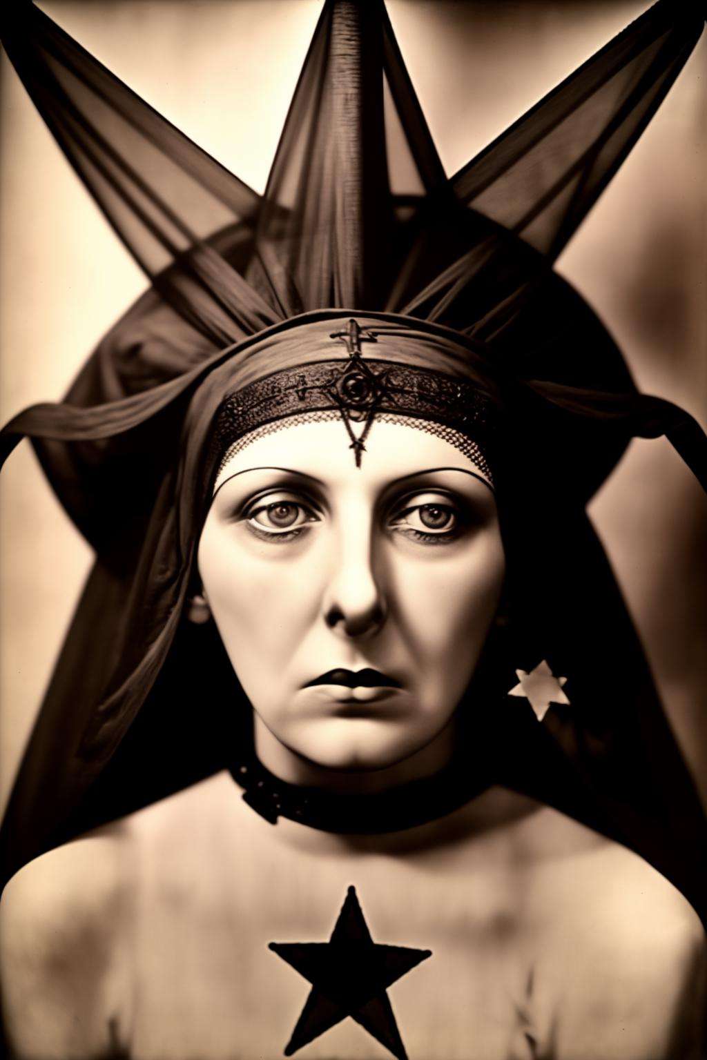 a woman with a veil and a star hat ,  Claude Cahun,  occult, a colorized photo, ashcan school