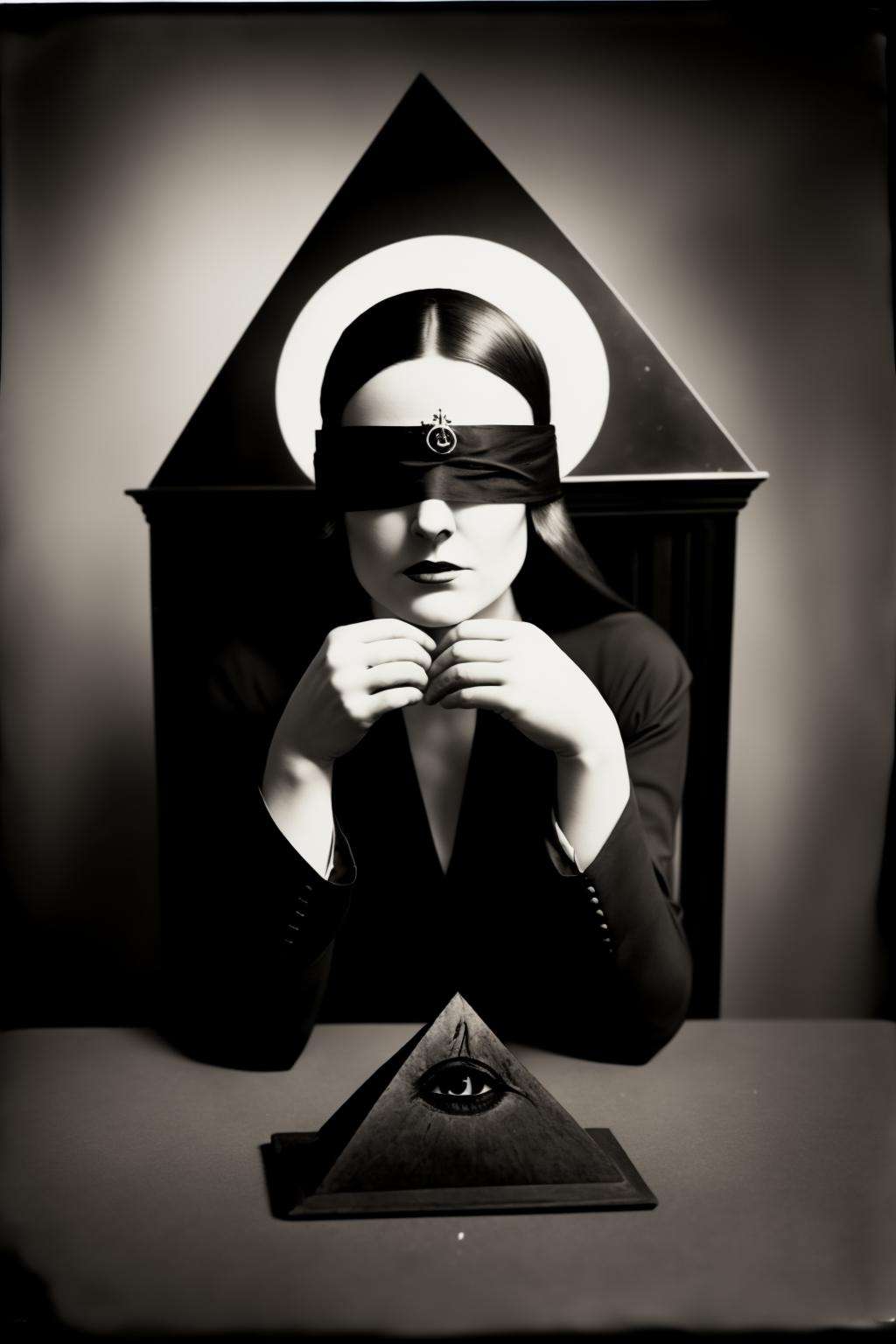 a man in a black suit with a blindfold ,  a black and white photo ,   a woman sitting at a table with a pyramid and a third eye in her hands and a third eye in her hands in front of her ,  vintage,  occult, 