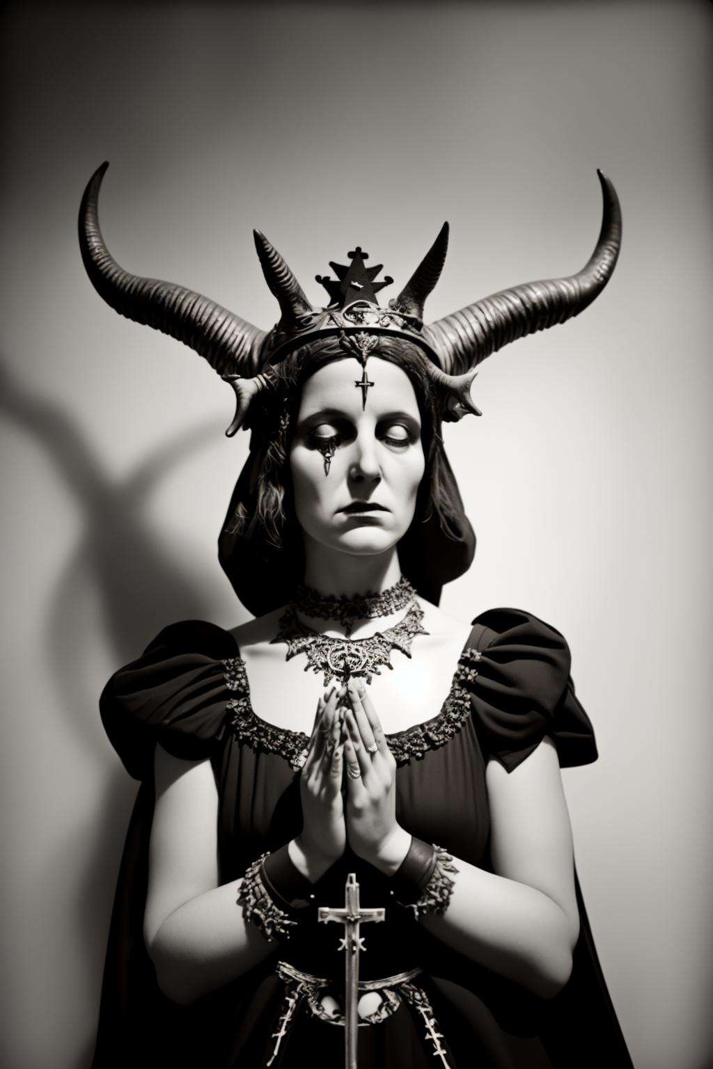 a woman in a black dress and a crown on her head ,  a black and white photo ,        a statue of a woman with horns on her head and hands folded in prayer, with a blue background and a pink wall behind her ,  vintage,  occult, 