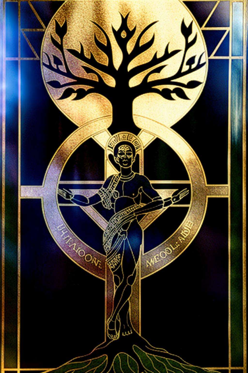 a cross with a tree of life on it , solo, looking at viewer, 1boy, holding, standing, full body, tree, black background, stained glass