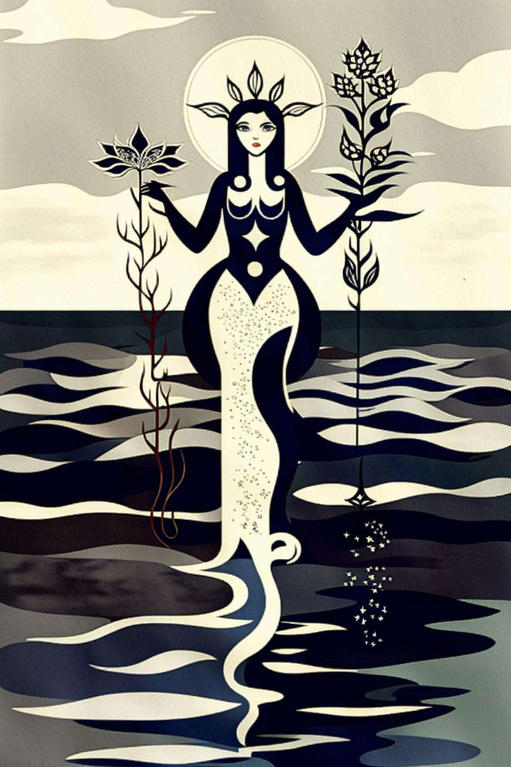 a woman standing on top of a boat next to a mermaid , 1girl, long hair, multiple girls, holding, standing, flower, red hair, sky, barefoot, cloud, water, night, ocean, moon, cat, monster girl, star (sky), night sky, full moon, starry sky, horizon, branch, holding flower, mermaid, waves, surreal, fine art parody