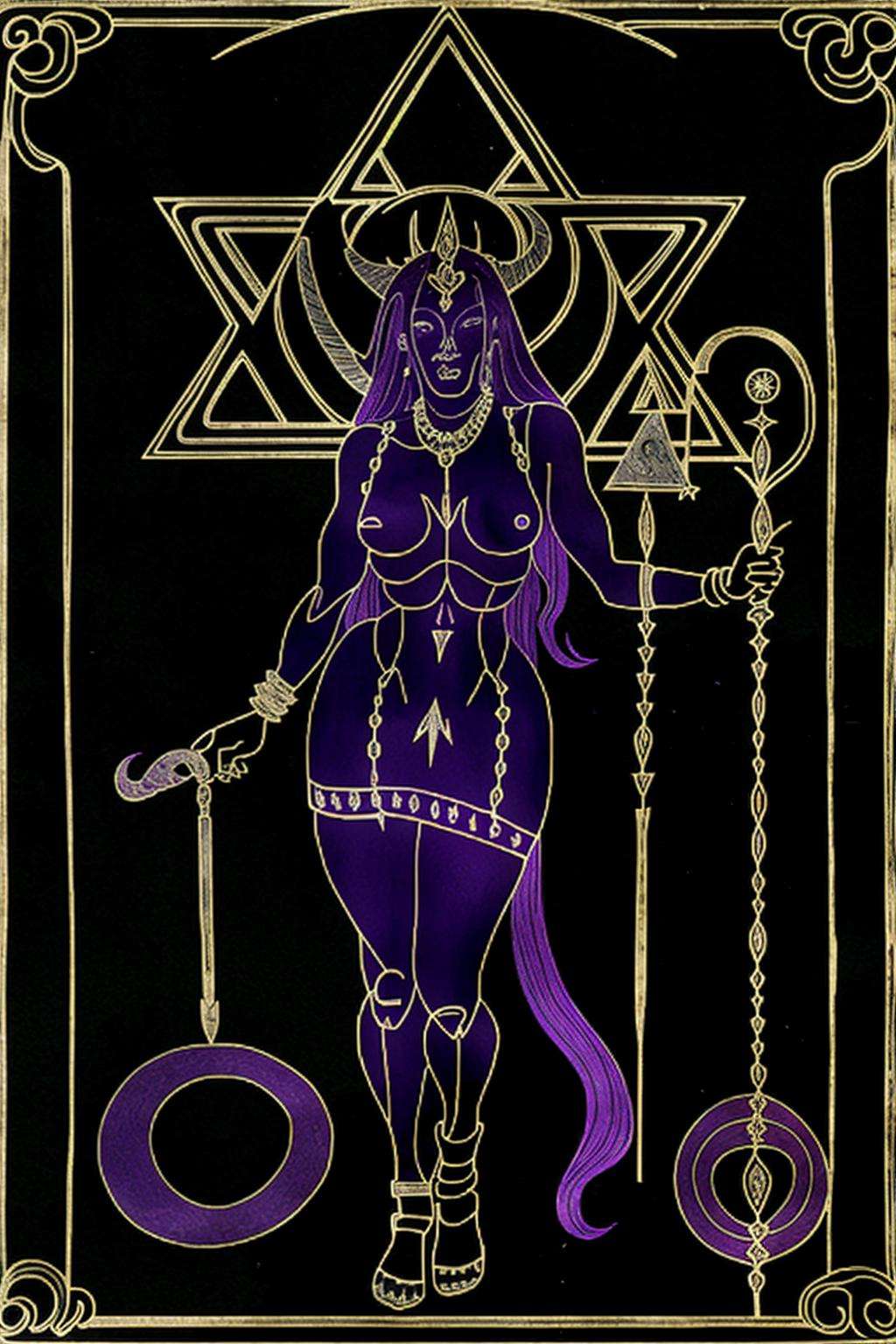 a drawing of a demon with a staff and a demon , 1girl, solo, long hair, breasts, smile, holding, purple hair, nude, horns, colored skin, chain, staff, magic circle, tarot