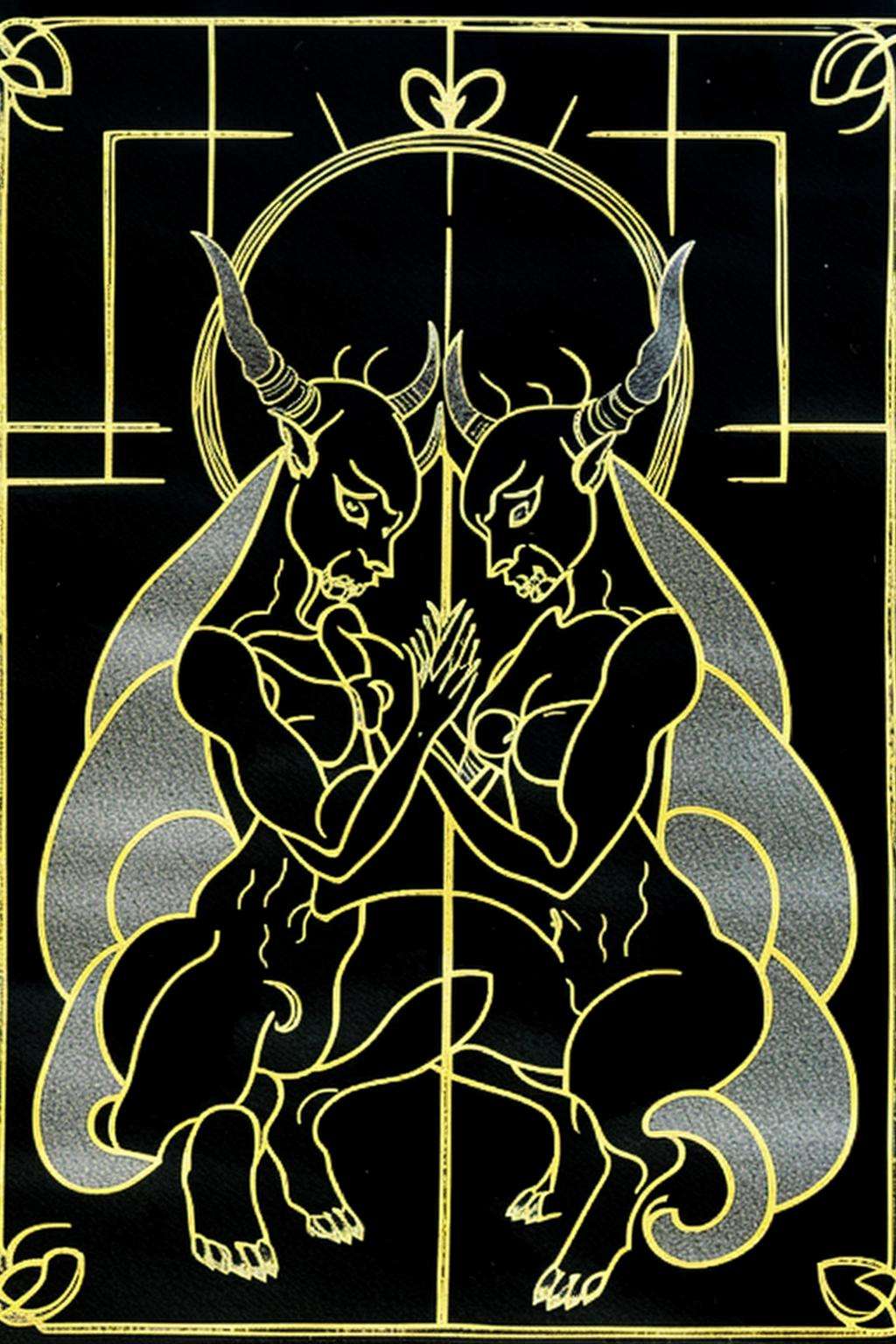 a drawing of a demon with arrows in his hands , simple background, tail, monochrome, greyscale, nude, holding hands, black background, interlocked fingers, fork, extra arms