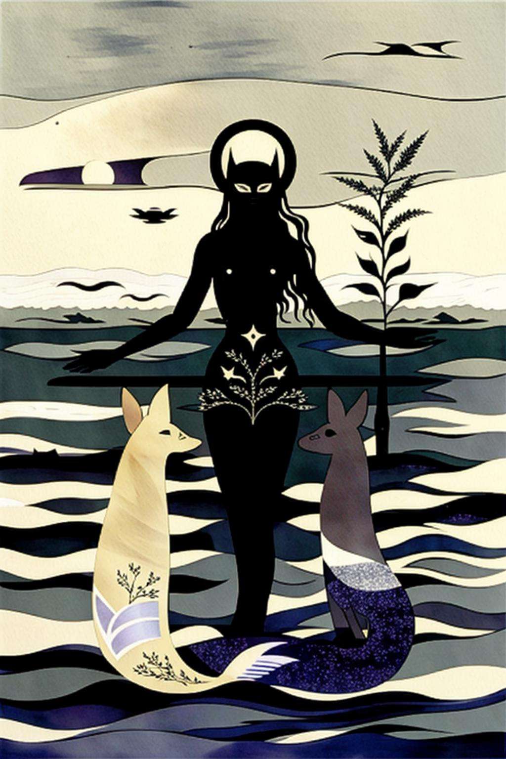 a woman standing on top of a boat next to a mermaid , 1girl, long hair, multiple girls, holding, standing, flower, red hair, sky, barefoot, cloud, water, night, ocean, moon, cat, monster girl, star (sky), night sky, full moon, starry sky, horizon, branch, holding flower, mermaid, waves, surreal, fine art parody