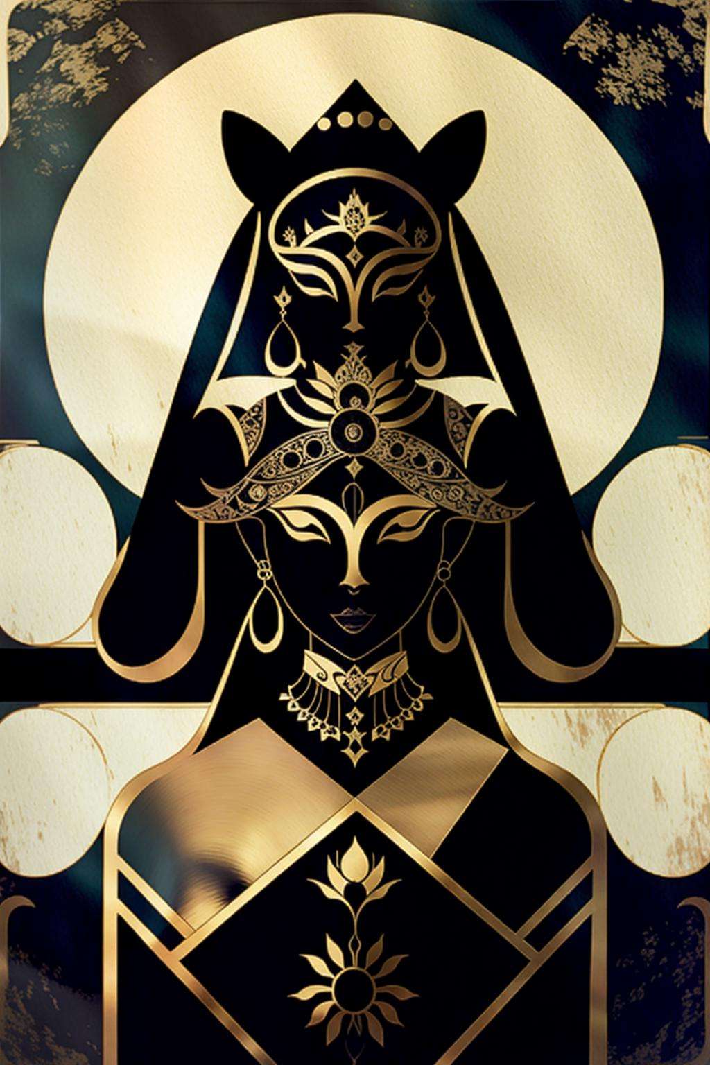 a black and gold painting of a woman with a sword , 1girl, solo, jewelry, flower, cowboy shot, earrings, hands up, mask, moon, veil, facing viewer, crescent moon, lotus, covered face