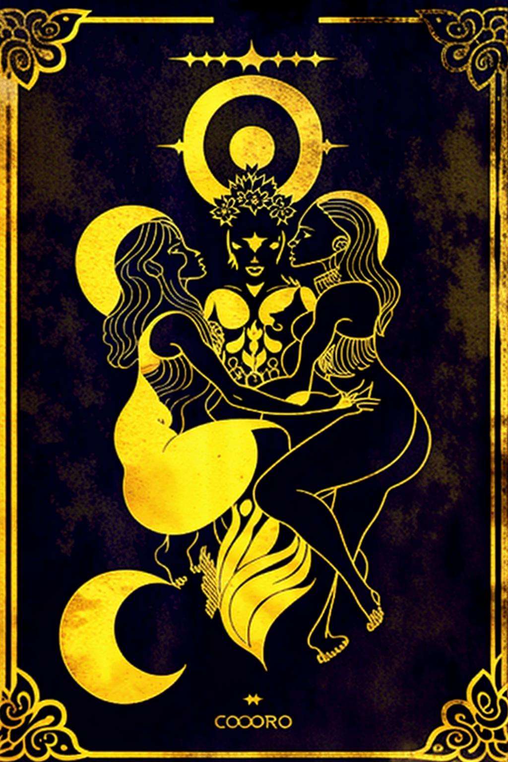 a gold and black tarot card with a woman in the middle , 1girl, breasts, holding, tail, full body, flower, nude, artist name, moon, sharp teeth, full moon