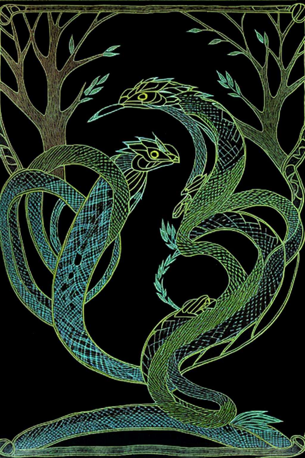 a drawing of a bird and a tree , tree, no humans, border, black background, upside-down, snake, dragon, branch, scales