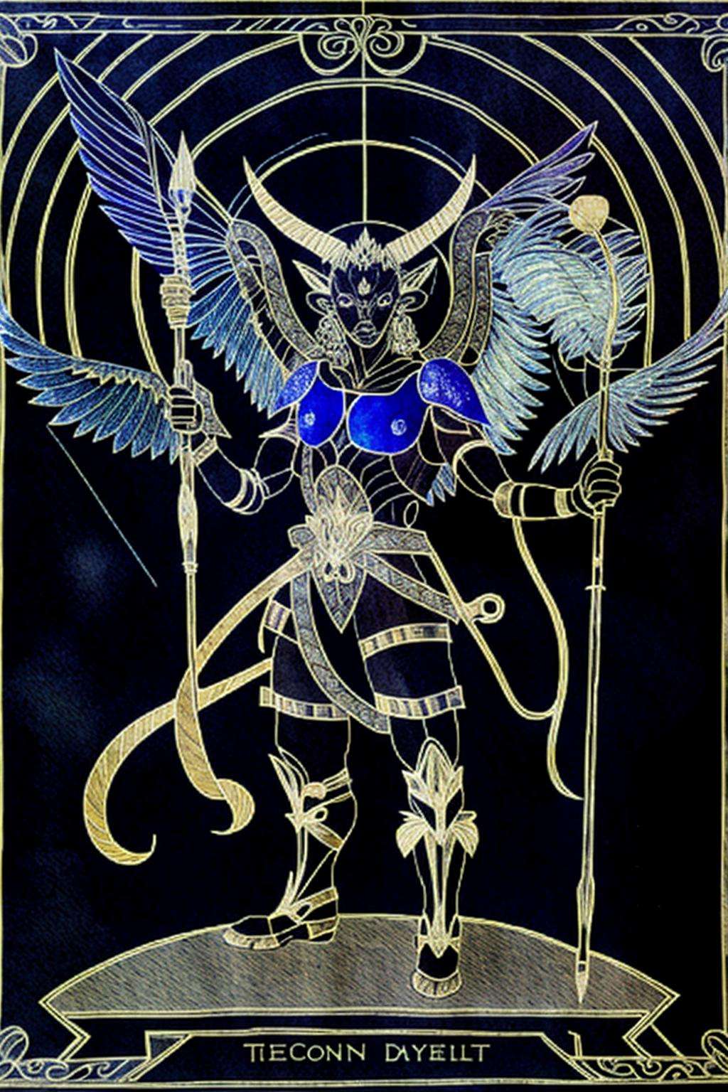 a drawing of a demon holding a staff , solo, 1boy, holding, standing, tail, full body, weapon, male focus, wings, horns, armor, feathered wings