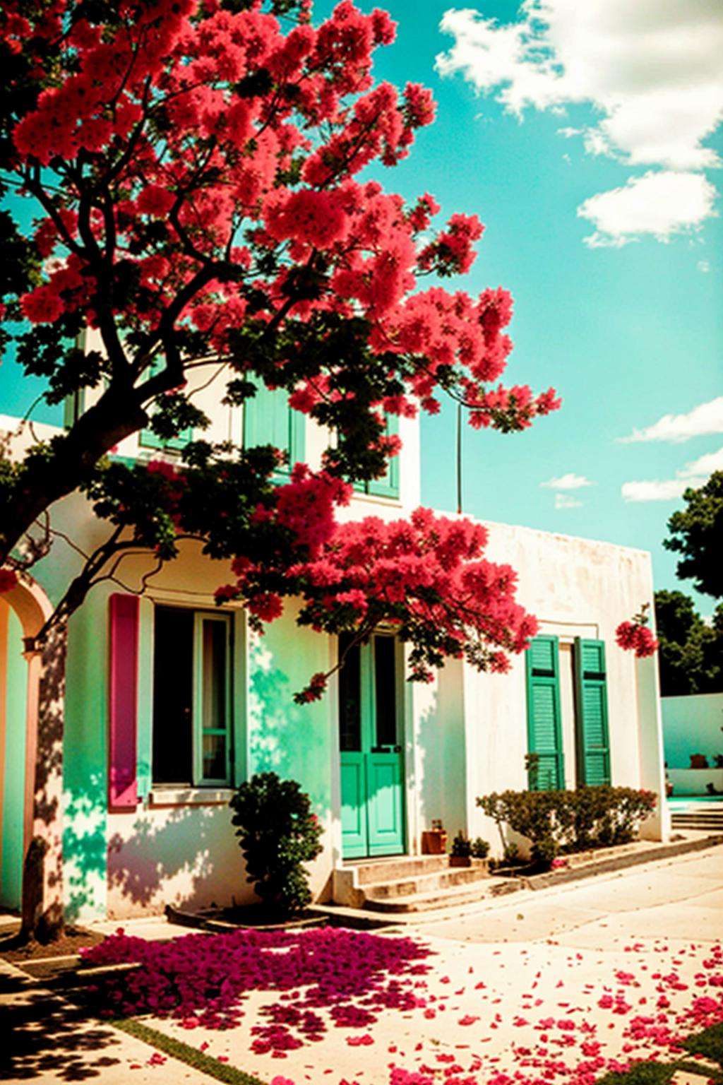 a pink flowered tree in front of a white building by Ciro Negrogni on Tensor.Art