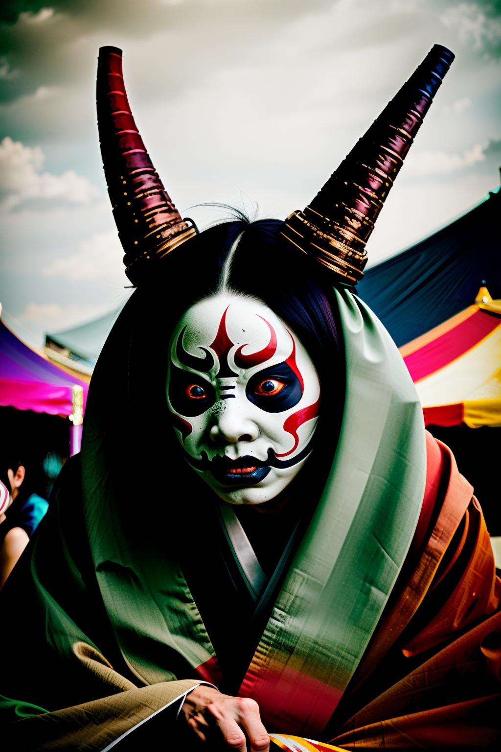 yokai , a demon in a costume sitting in front of a circus tent with a demon mask on his face and a crowd of people behind him, Brooke Shaden, cinematic photography, a colorized photo, art photography