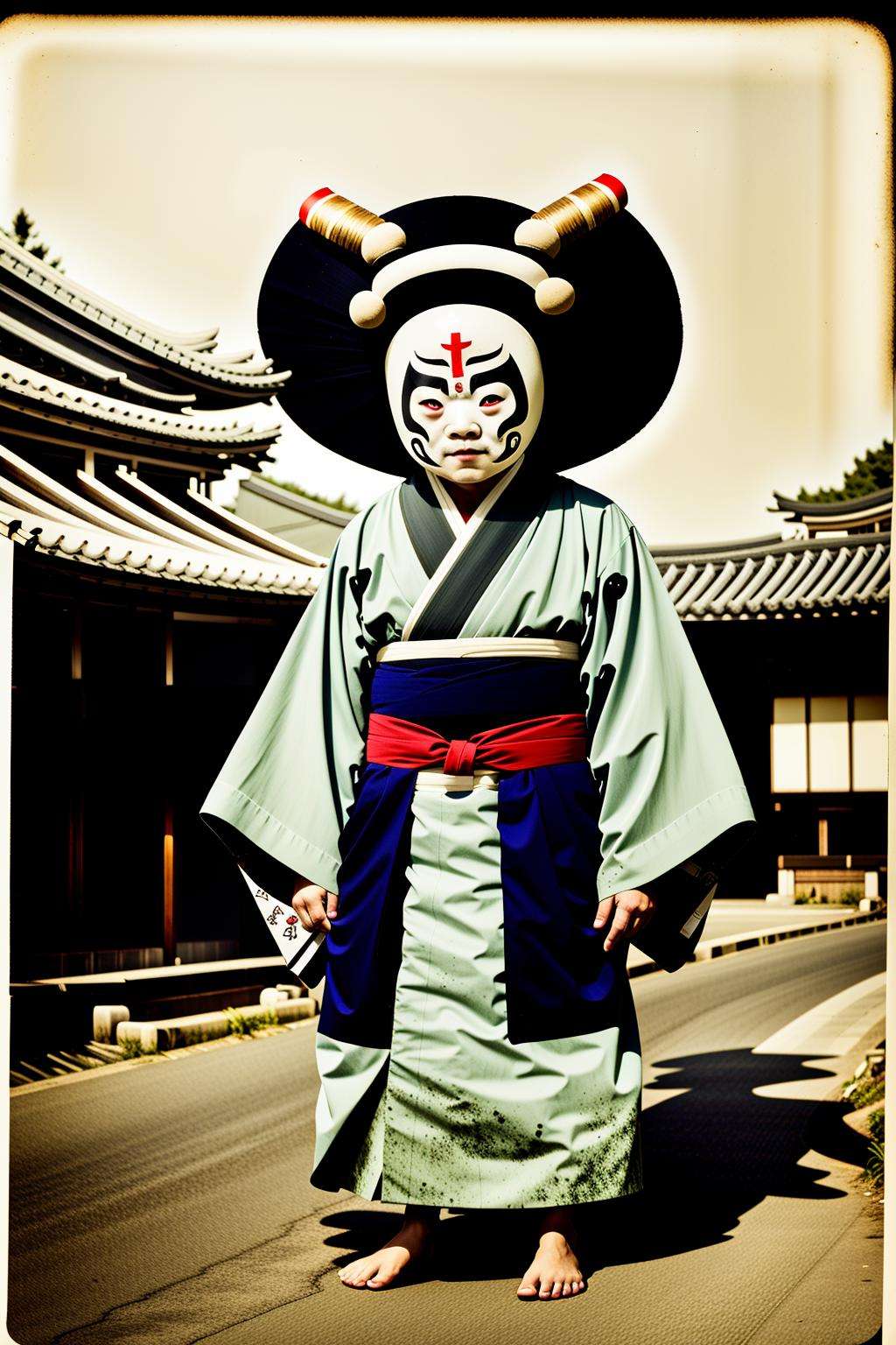 a person in a costume walking down a street with a mask on their head and a face painted on, Baiōken Eishun, promotional image, a character portrait, ukiyo-e, yokai