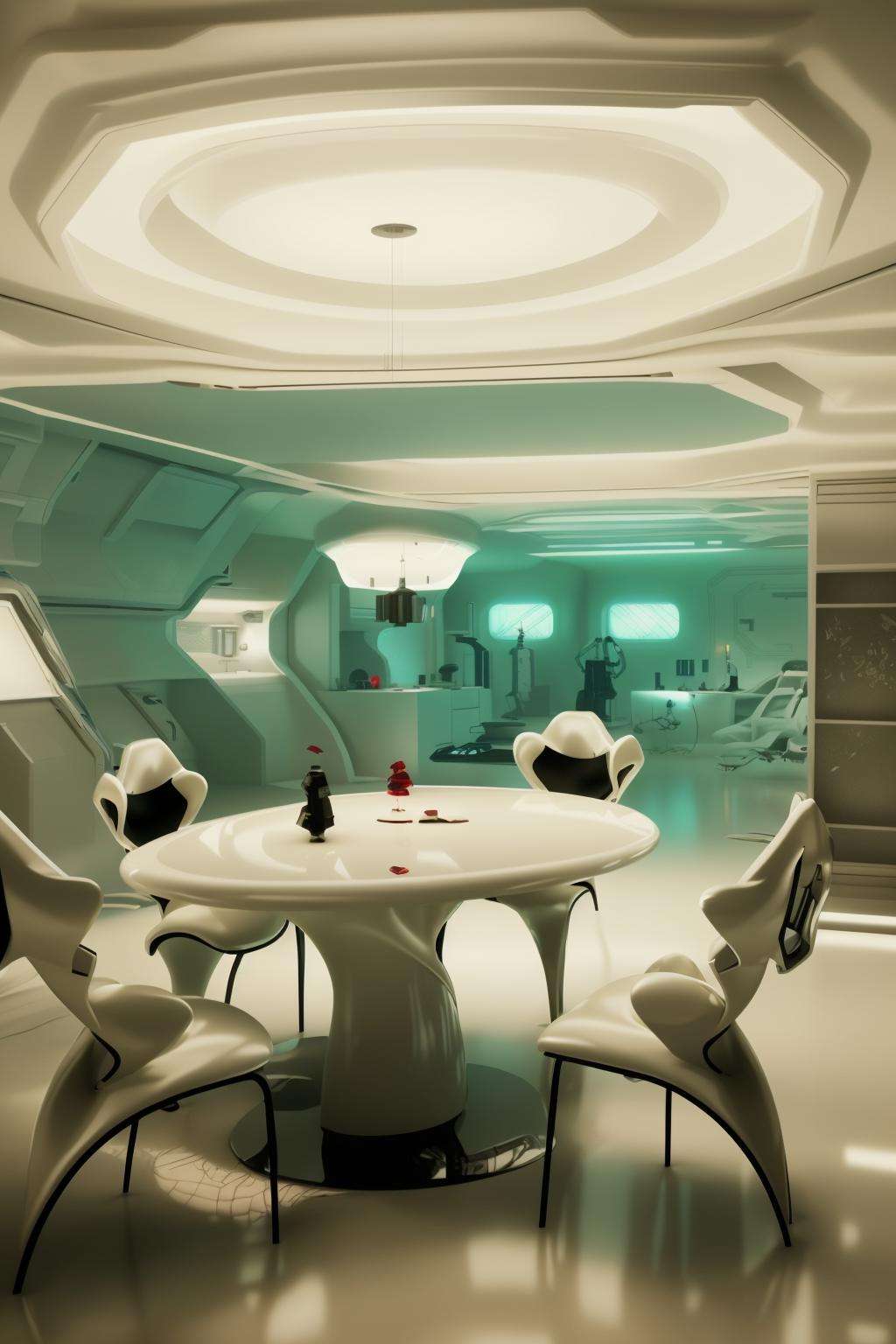 a room with a computer and a lamp ,  a dining room with a table and chairs,  futuristic_interior by Ciro Negrogni on Tenso...