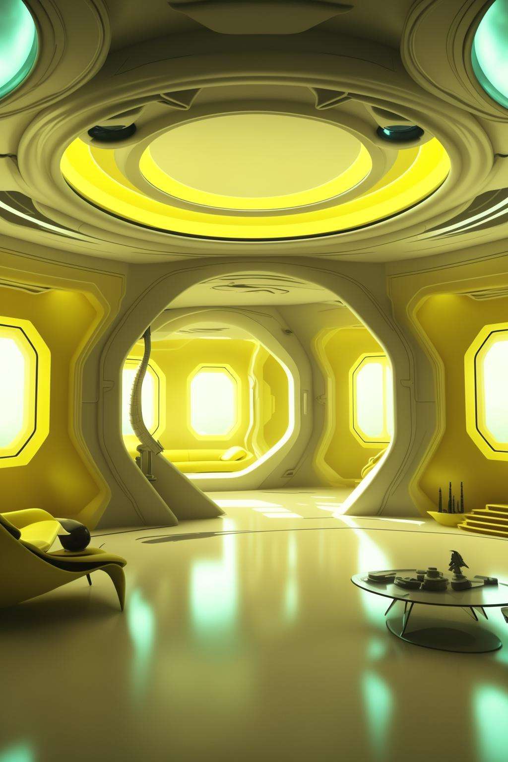 award winning interior design of a house on alien planet,  yellow color scheme ,  futuristic by Ciro Negrogni on Tensor.Art