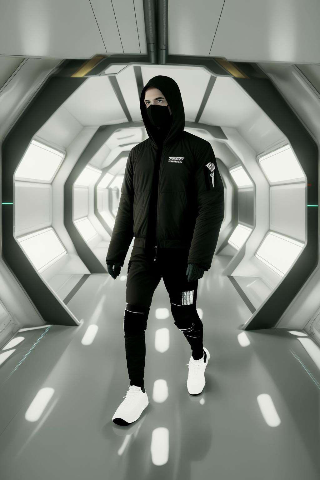 a man in a black jacket and a mask walks through a tunnel ,  solo,  short hair by Ciro Negrogni on Tensor.Art