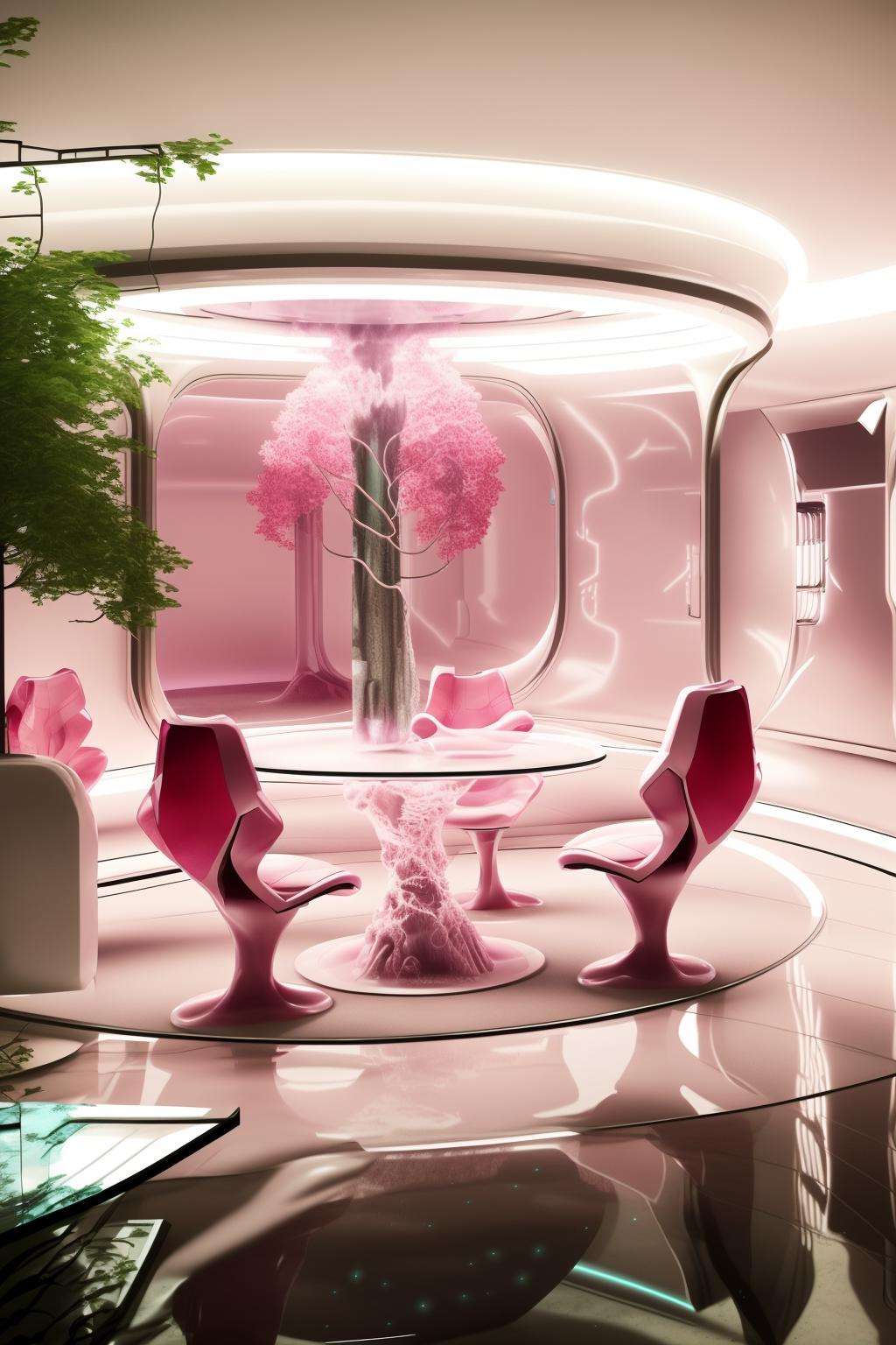 a living room with a couch and a table ,  a pink room with a glass display case ,  tree by Ciro Negrogni on Tensor.Art