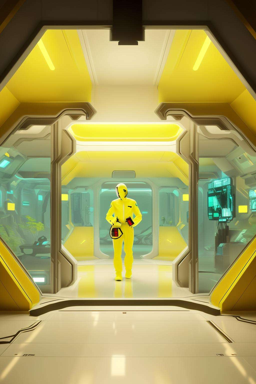 a man in a yellow suit and a woman in a yellow raincoat ,  a group of people in white suits working on a machine,  futuris...