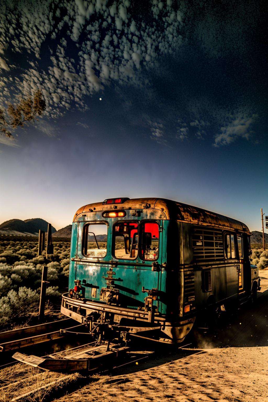 a rusty green trailer in the middle of a desert , outdoors, sky, no humans, night, ground vehicle, star (sky), night sky, scenery, starry sky, train