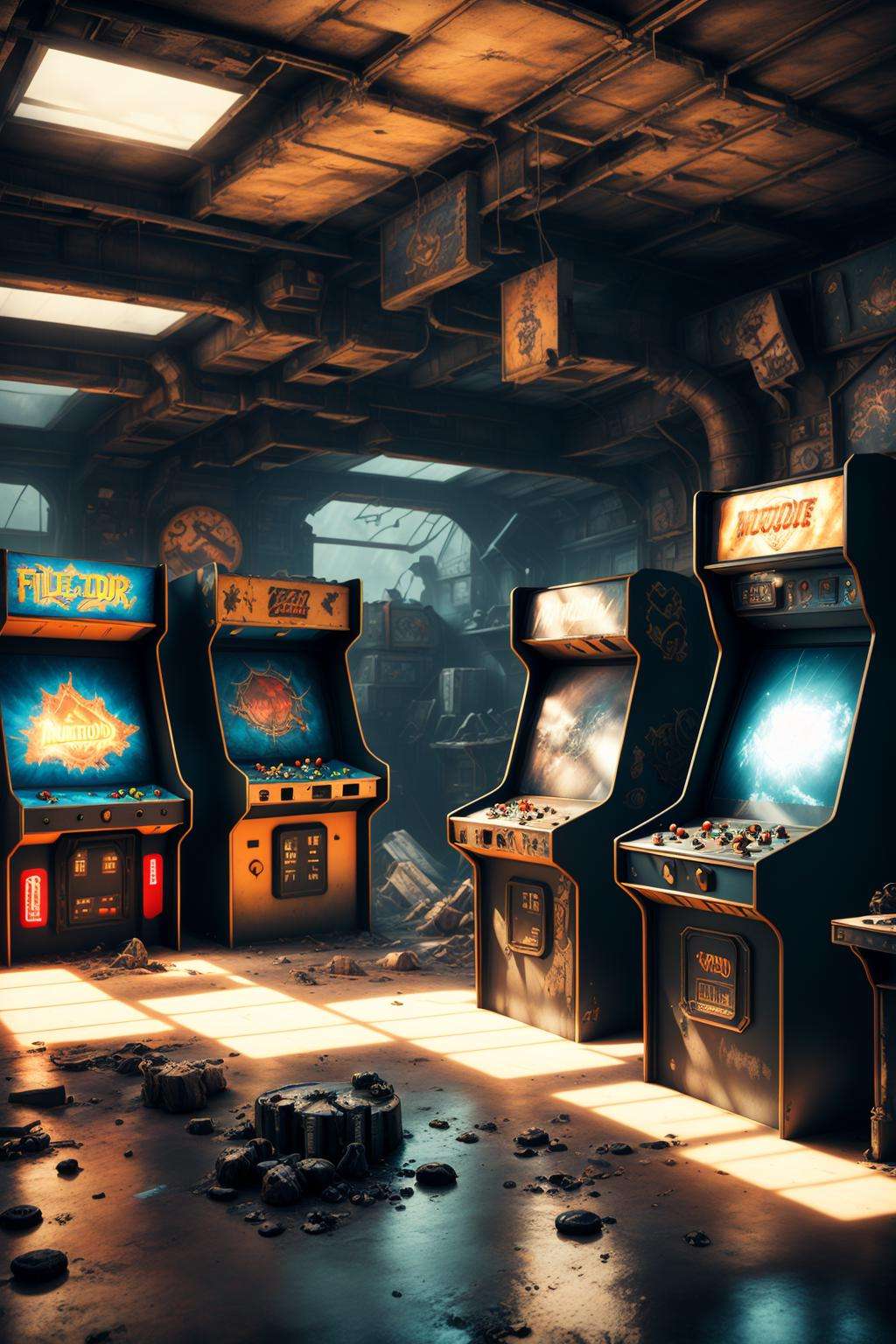 post-apocalyptic_play_zone , a room with several machines, Filip Hodas, unreal engine render, a 3D render, neogeo