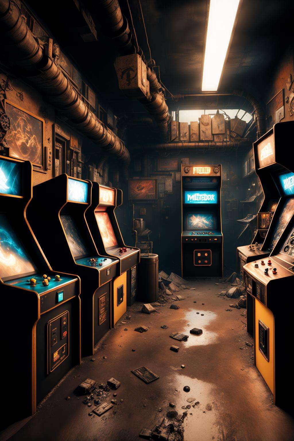 post-apocalyptic_play_zone , a room with several machines, Filip Hodas, unreal engine render, a 3D render, neogeo