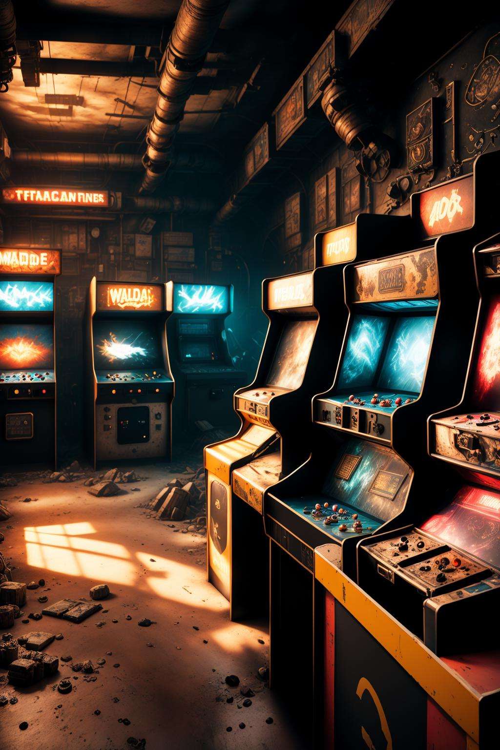 post-apocalyptic_play_zone , a room with several machines, Filip Hodas, unreal engine render, a 3D render, neogeo