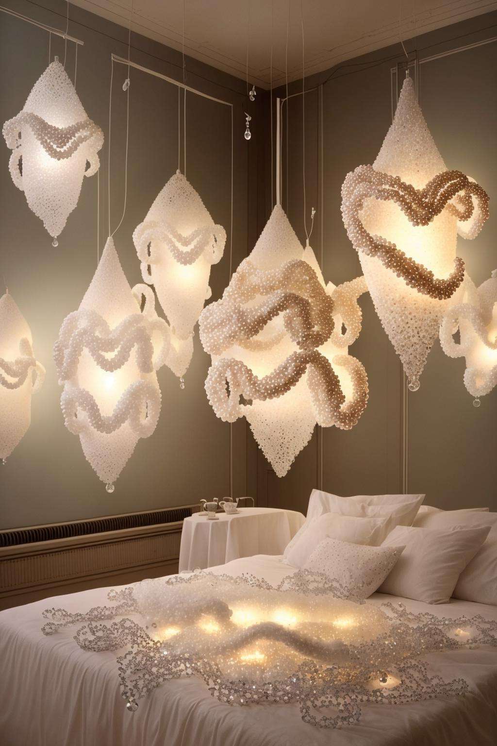 Installation: A room filled with hanging strands of delicate glass beads,  creating an immersive environment of light and...