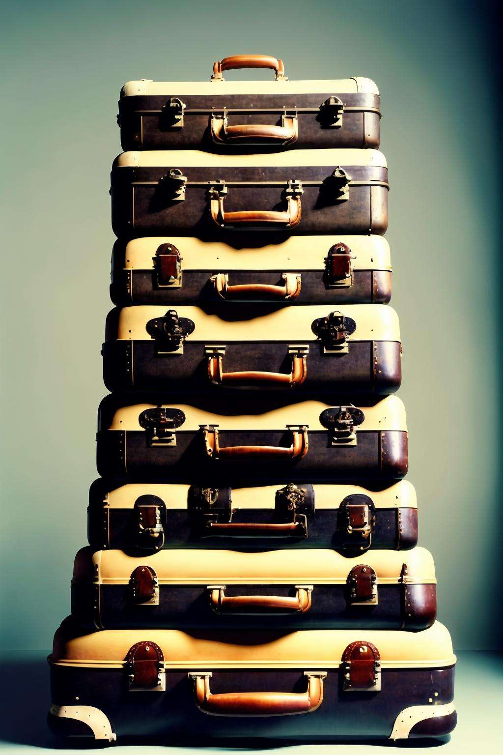 Sculpture: A towering stack of antique suitcases,  each one encapsulating a different chapter of a traveler's life. ,  con...