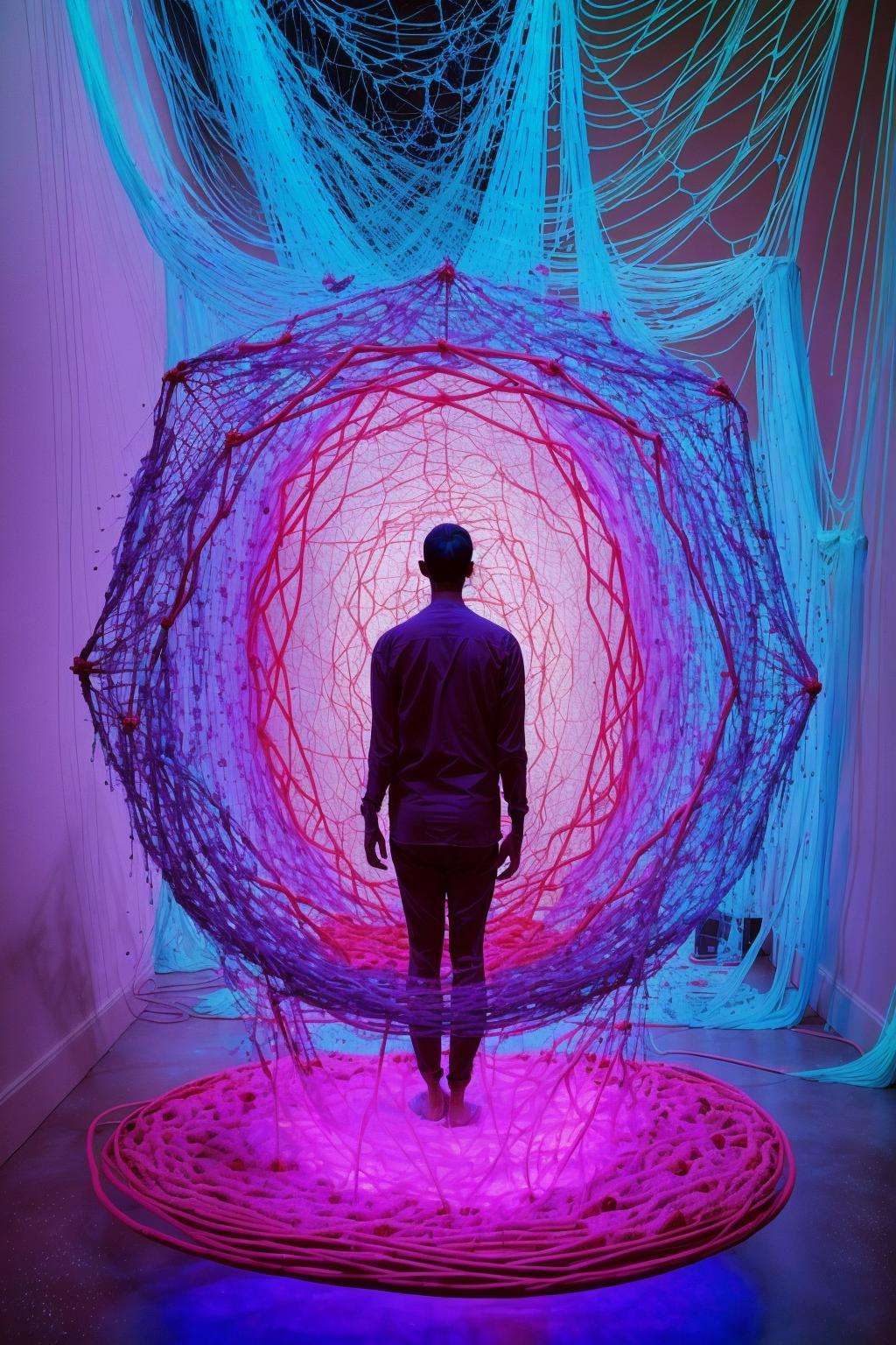 Installation: A massive,  suspended net of woven neon threads,  resembling a cosmic web connecting all living beings. by C...