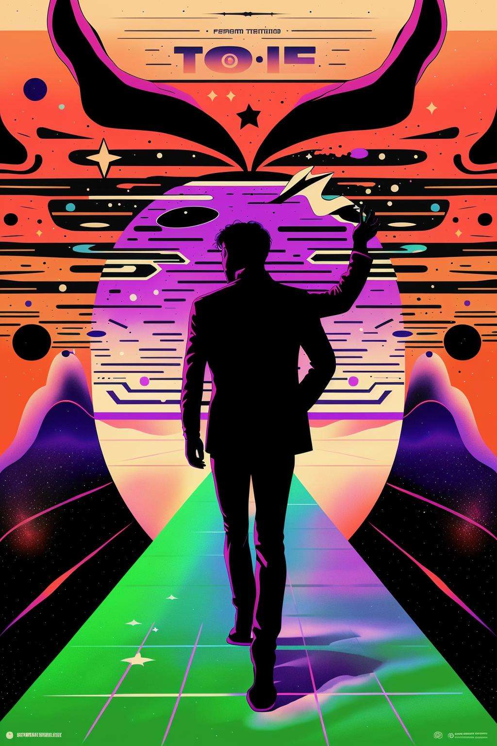 psy_poster , a man is standing in front of a psychedelic poster , 1girl, solo, artist name, star (symbol), sparkle, silhouette, planet, abstract , 