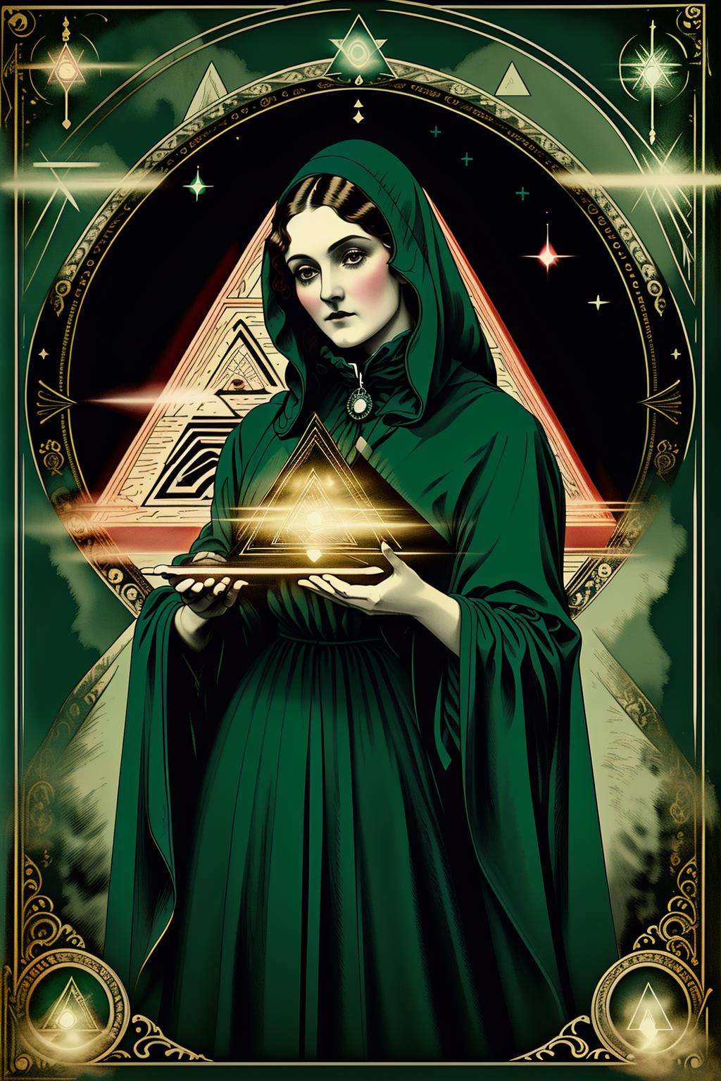 a poster advertising a a woman in a green cloak holding a glowing object in her hands with a red background and a triangle...