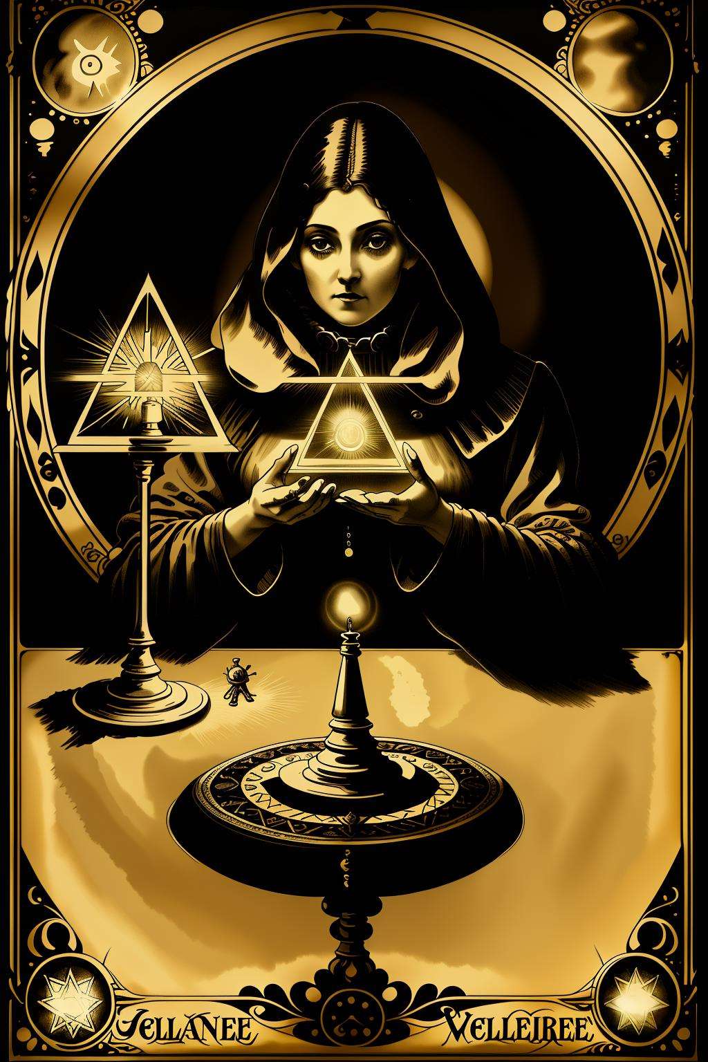 a poster advertising a a woman sitting in front of a table with a light in her hand and a star in her hand in front of her...