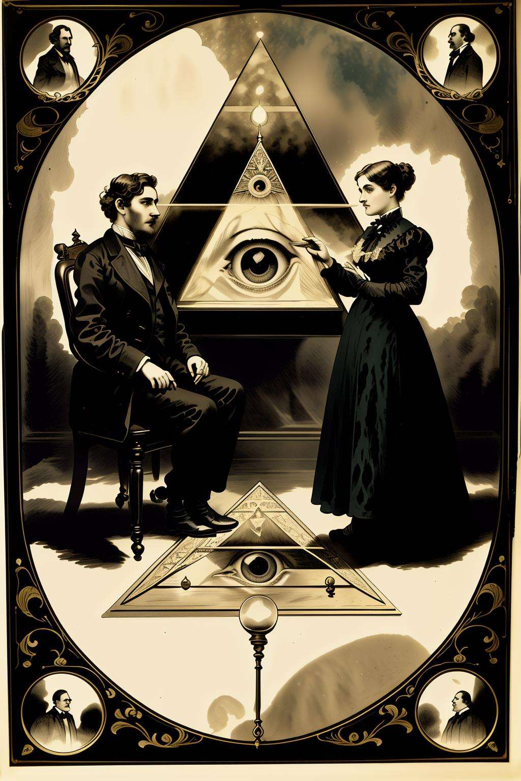 a victorian poster advertising a a painting of two people sitting on a rug in front of a pyramid with an eye in the center...
