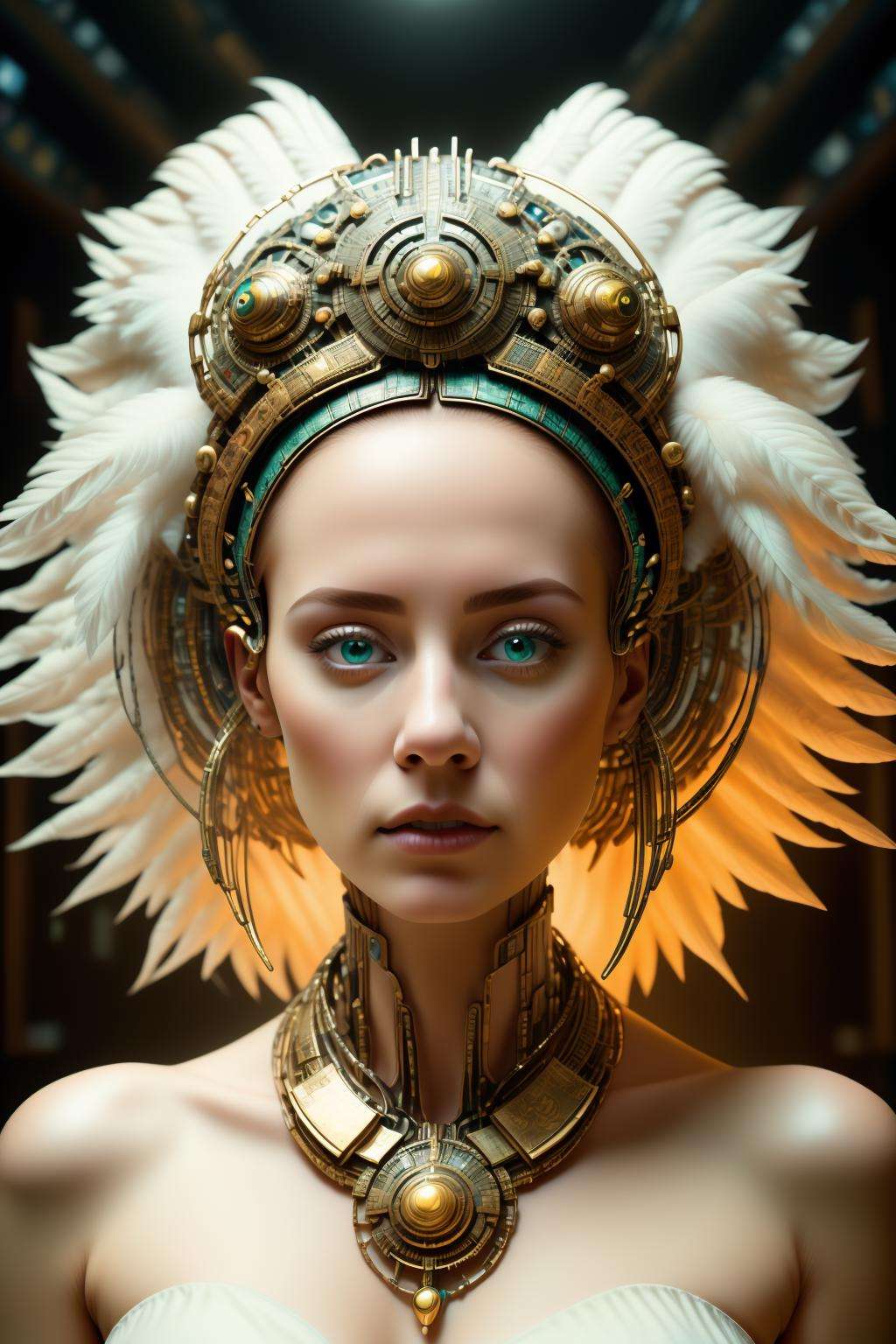 a woman wearing a white headdress and a gold necklace , Synaptic_Shadows