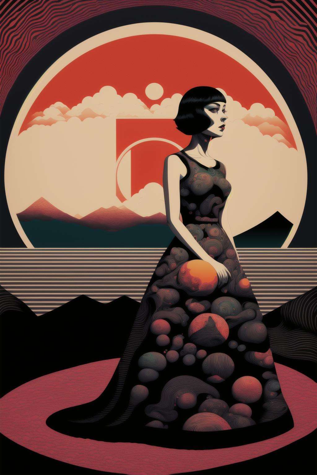 a girl in a long dress standing in front of a mountain with a basketball ball , psychedelic_noir