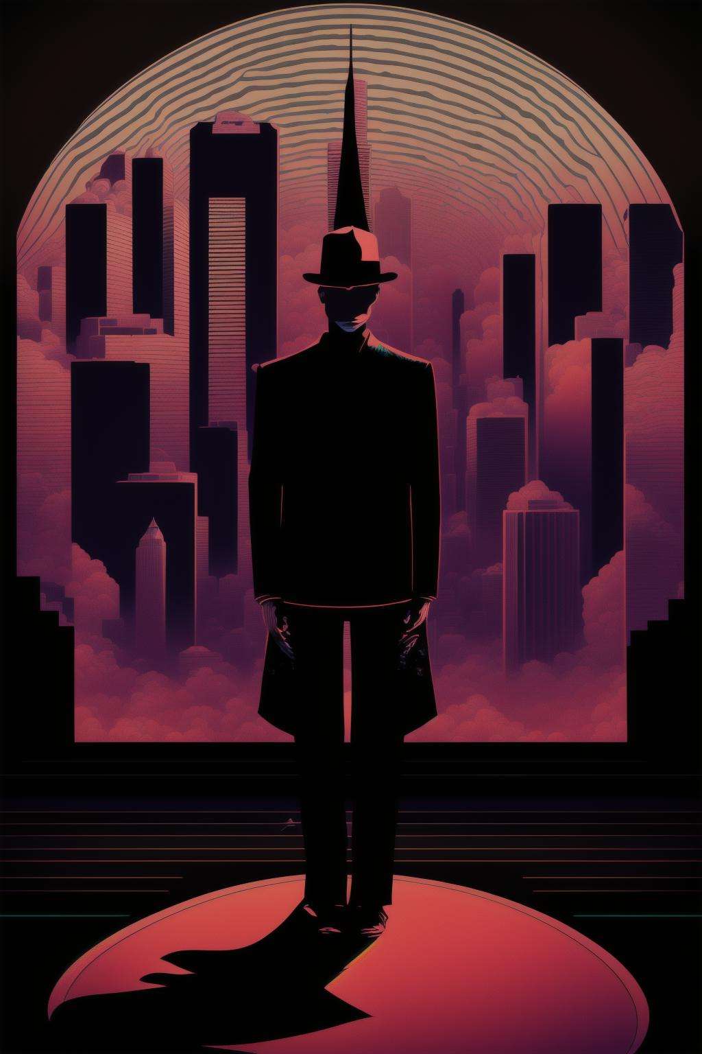 psychedelic_noir , a futuristic city with neon lights and a man standing on top of a building