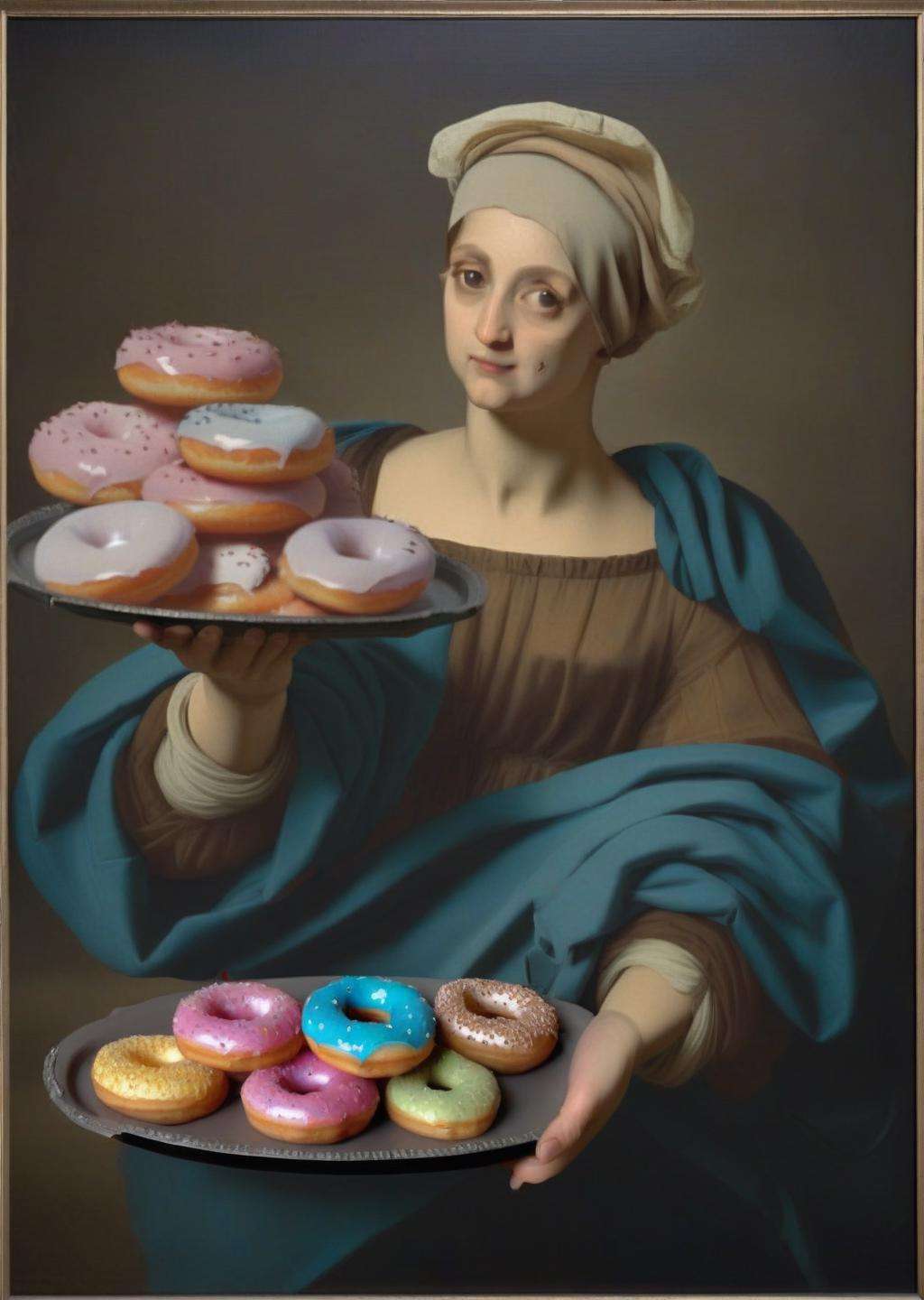 ((classical painting)) a painting of a woman holding a tray of donuts<lora:Modern_Twist_sdxl:1.0>