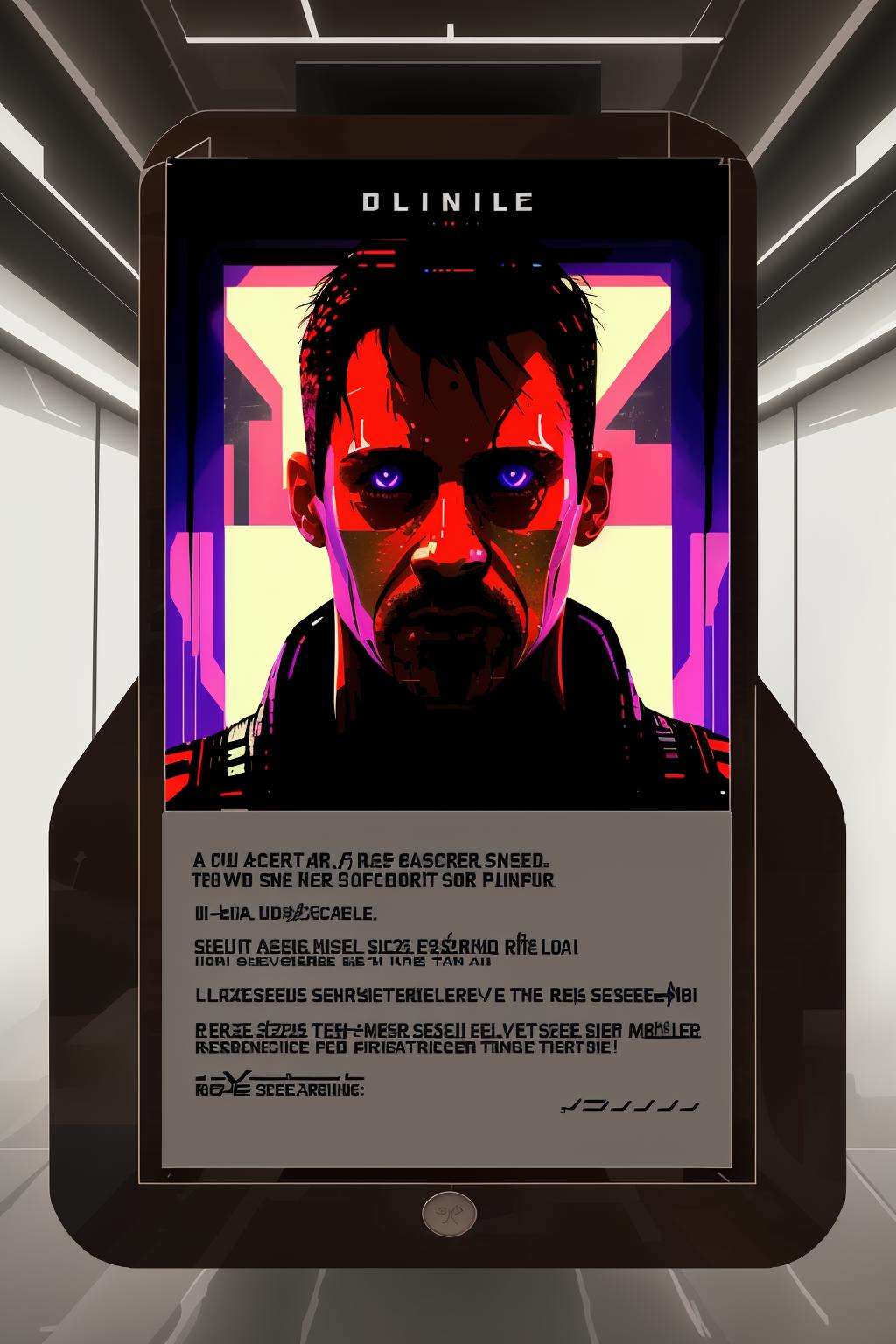 cyber_id , a screen shot of a computer screen with a picture of a man in a black shirt and a name tag, Donald Roller Wilson, blade runner, cyberpunk art, 