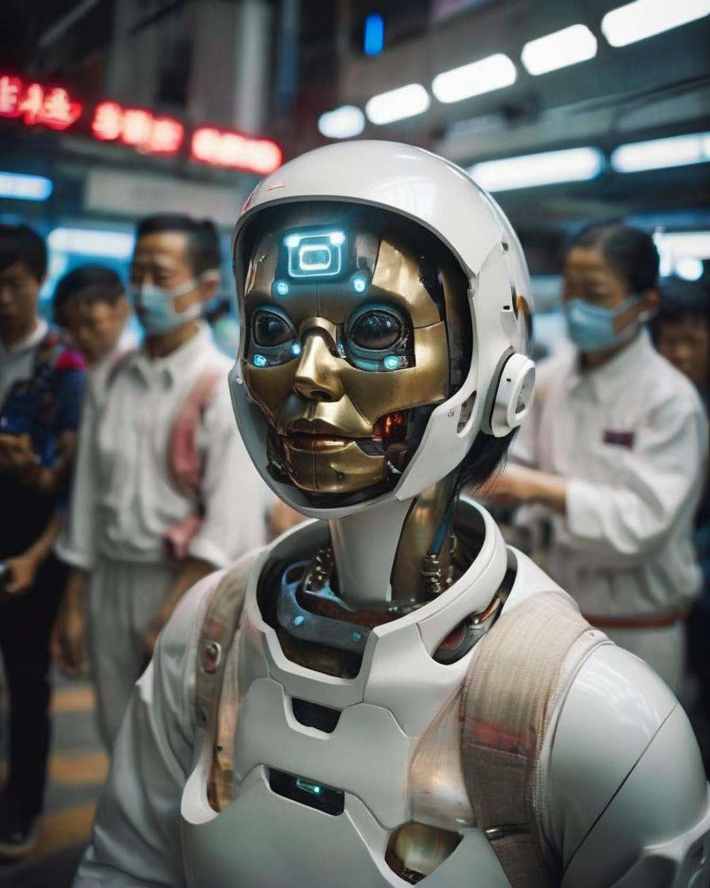 Documentary Photography, Human Stories, Photojournalism, Candid Moments , face robotics , cinematic, sci-fi, ((cyberpunk style)) , Blade Runneresque , Retro-futurism , Spacewalk , Quantum waveform , by Shing Yin Khor<lora:Face_Robotics_sdxl:1.0>