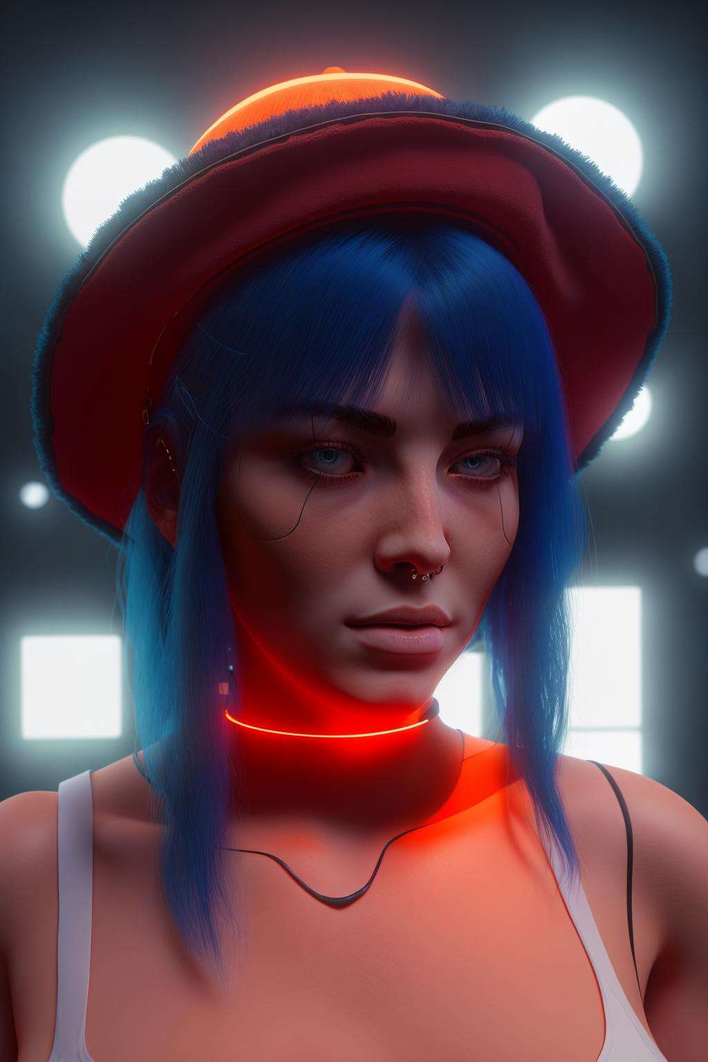 a woman with blue hair and a hat with a red light , cyb-3d-art