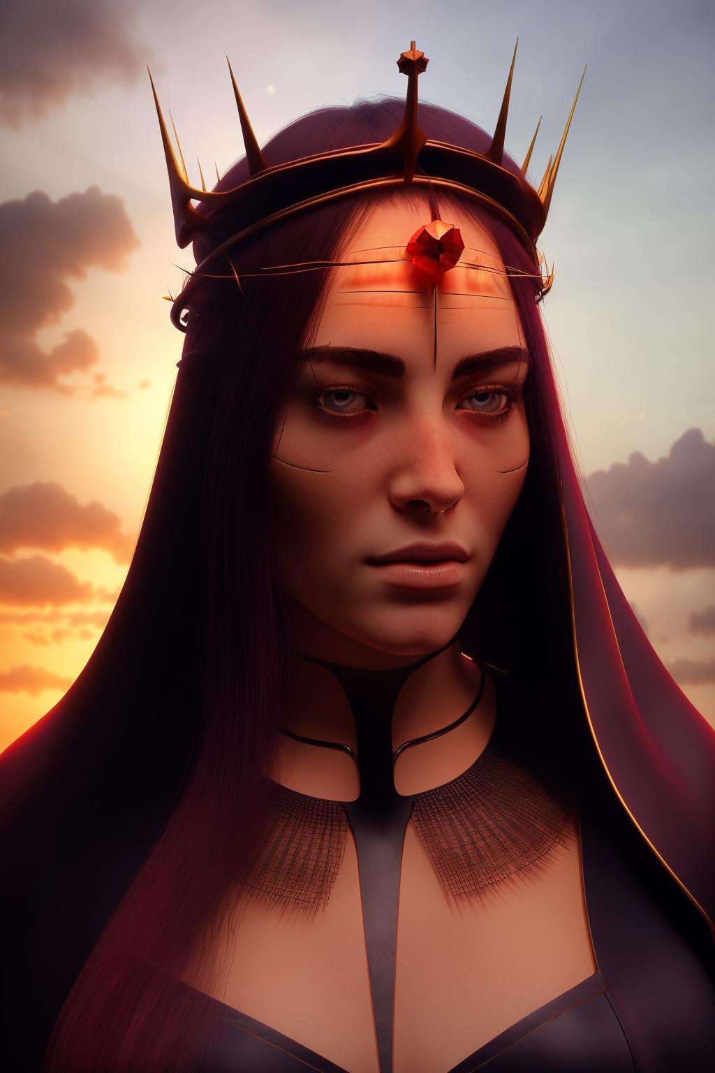 a woman with a crown of thorns on her head , cyb-3d-art