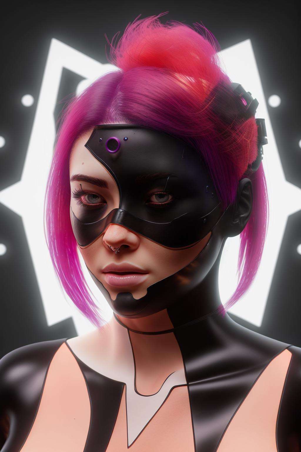 a woman with pink hair and a black mask , cyb-3d-art