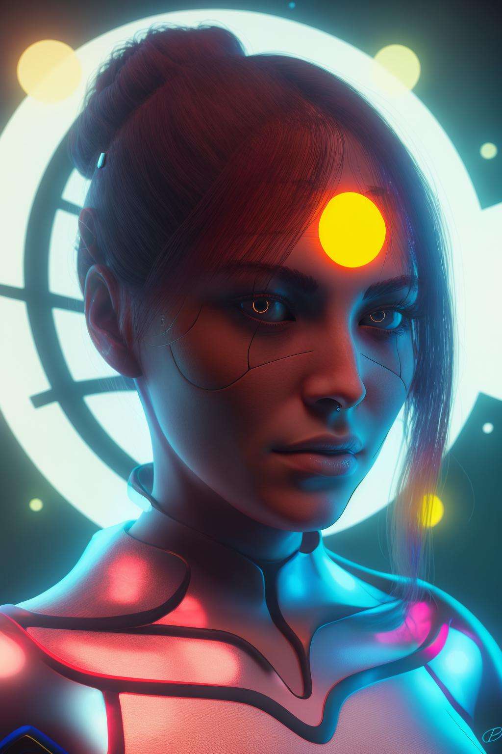 a woman with a futuristic face and head , cyb-3d-art