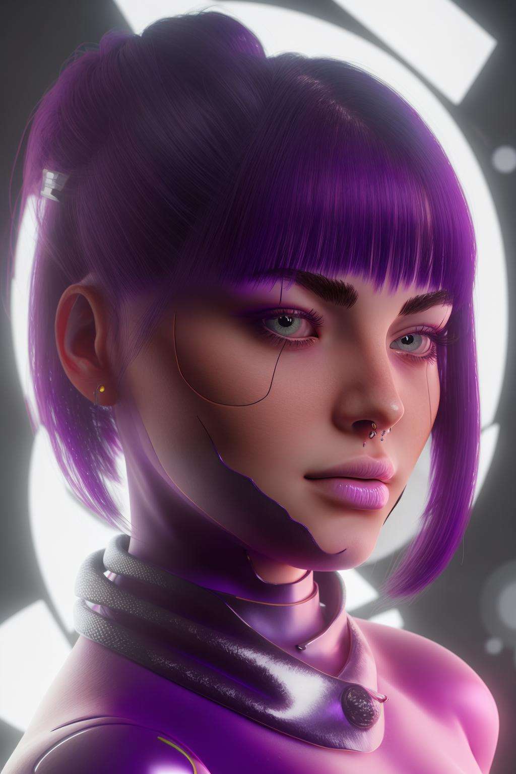 a woman with a futuristic make up and a purple hair , cyb-3d-art