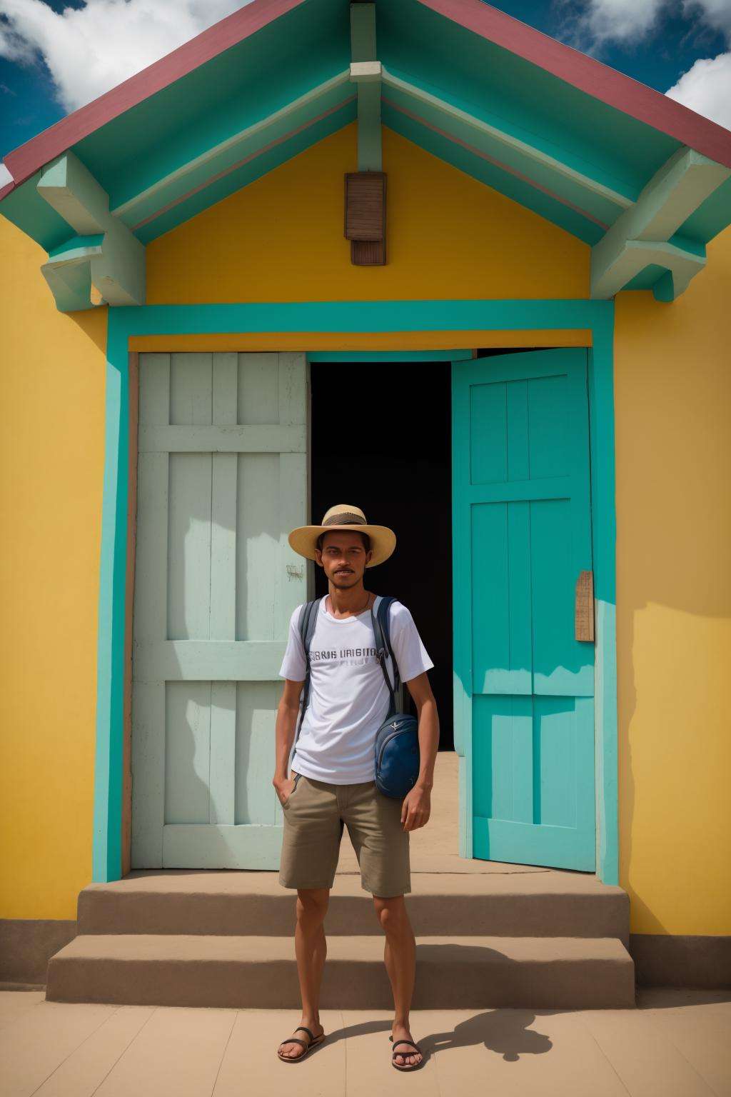 a man standing in front of a colorful building , solo, shirt, 1boy, hat, standing, white shirt, male focus, outdoors, sky, shorts, day, belt, cloud, bag, tree, blue sky, window, facial hair, sandals, backpack, t-shirt, building, road, house 