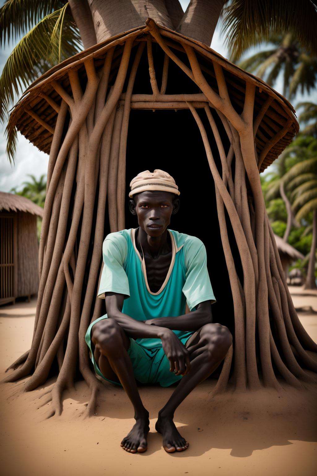 a man sitting in front of a tree house , solo, 1boy, hat, male focus, outdoors, japanese clothes, dark skin, tree, squatting, dark-skinned male, palm tree, photo background 