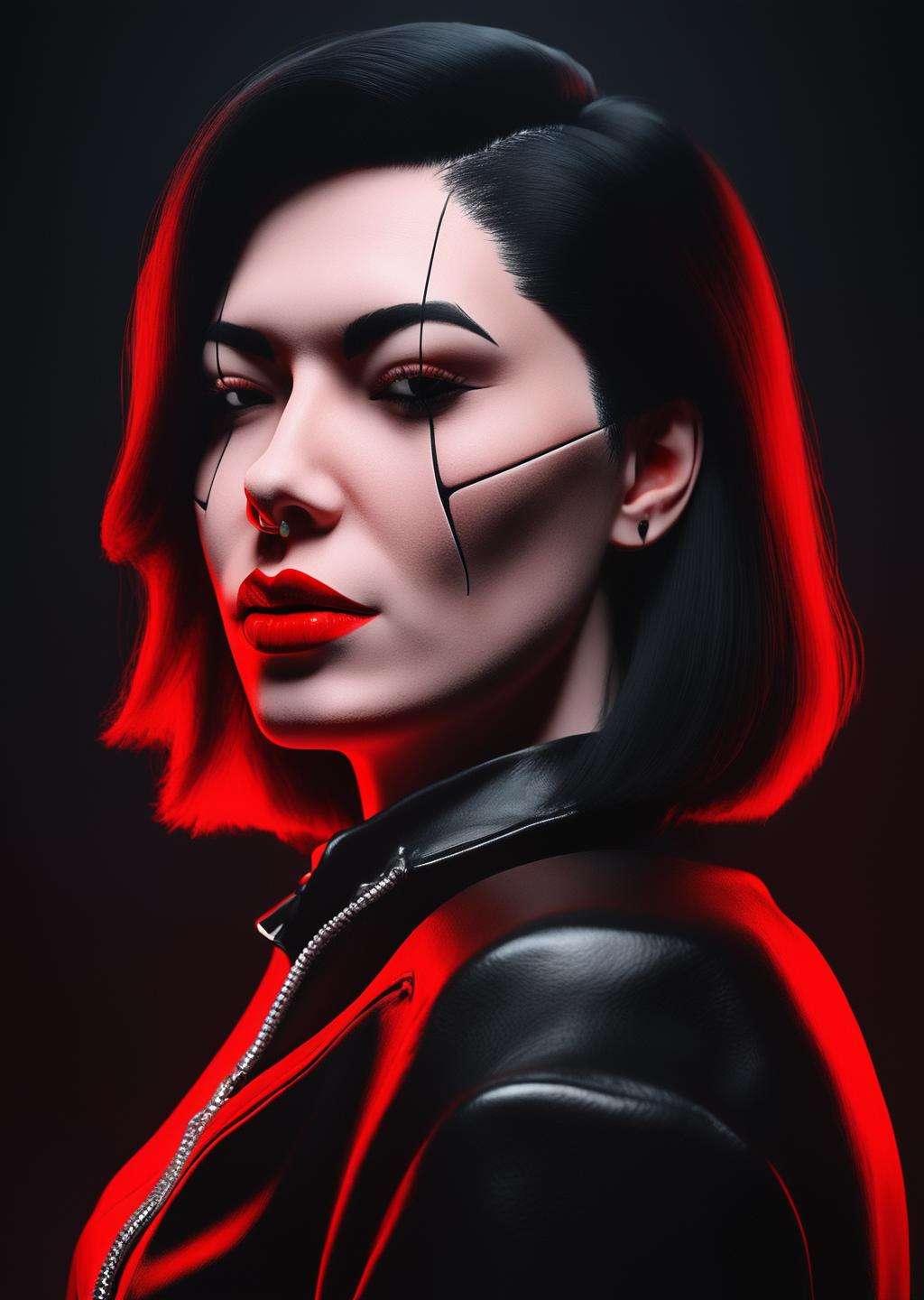 a woman with a black jacket and red lipstick , cyb-3d-art<lora:cyb-3d-art_sdxl:1.0>